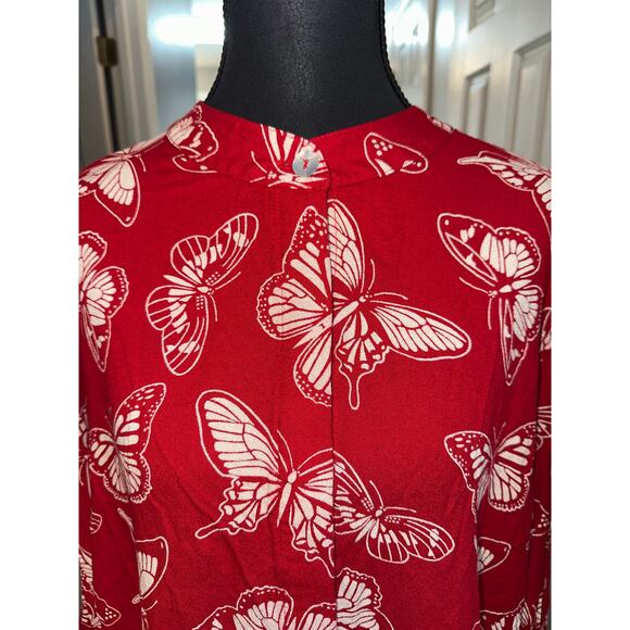 Butterfly Print Tunic Long Sleeve Casual Rayon Blouse Red‎ Bohemian Size XL USA - Picture 3 of 8